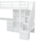 Pinovk Twin Size Loft Bed with L-Shaped Desk and Drawers, Cabinet and Storage Staircase, White