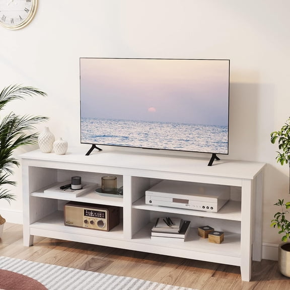 Modern TV Stand for 65 inch TV, White Wood TV Cabinet with 4 Open Storage Shelves, Fits 50-65 Inch TVs, 55 Inches W x 15 Inches D x 22.8 Inches H