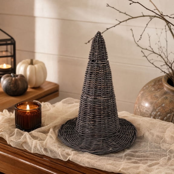 Halloween Woven Witch Hat Ornament, Wooden Wicker Witch Hat Decoration for Tables, Mantels and Home Decor, Spooky Halloween Party Centerpiece