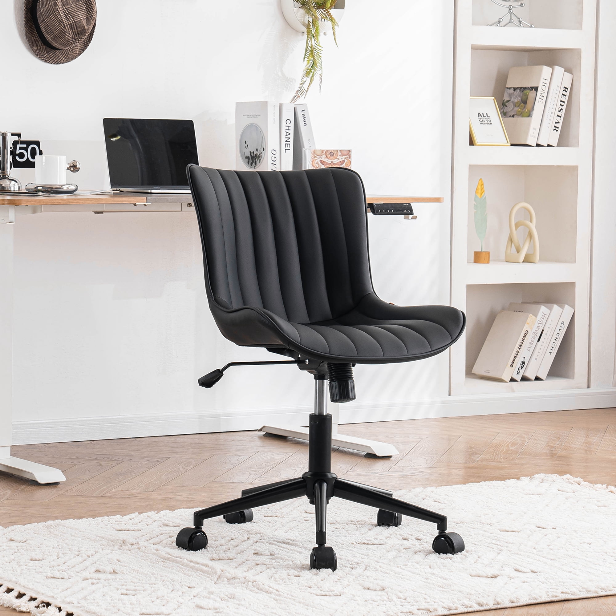 YOUNIKE Cute Armless Office Desk Chair Modern Upholstered Faux Leather Swivel Task Chair, Black