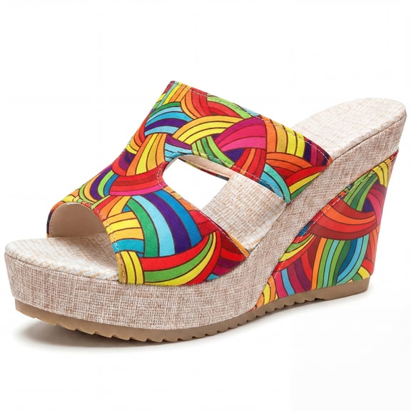 BLISSFUL STEP Women's Colorful Printed Hollow-out Platform Peep-Toe Slip Sandals Rainbow 5