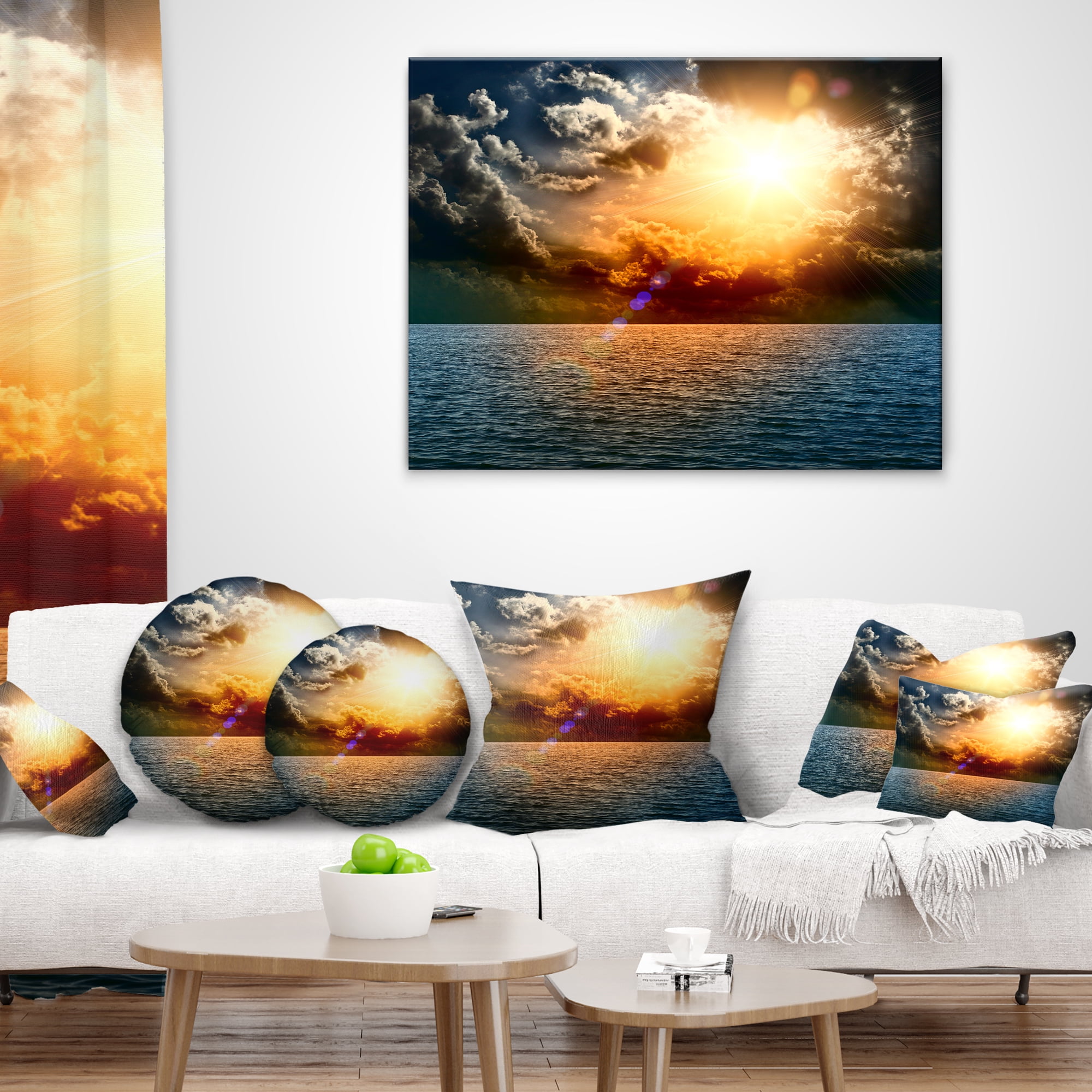 Designart Yellow Sunset in the Middle of Ocean - Beach Photo Throw Pillow - 16x16