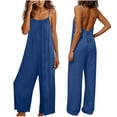 thumbnail image 2 of Summer Women's Linen Overalls Casual Solid-Color Strappy Backless Adjustable Drawstring Jumpsuit Women Wide-Leg Pants Size S-2XL, 2 of 7