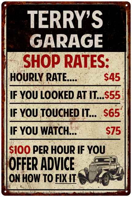 TERRY'S Garage Shop Rates Sign Man Cave Décor Gift Metal 112180010060 TERRY'S Garage Shop Rates Sign Man Cave Décor Gift Metal 112180010060