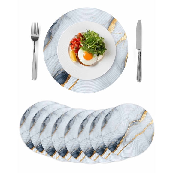 Gray Marble Round 15 Inch Placemats Set of 8, Modern Ink Painting Art Abstract HeatResistant Non Slip Place Mats for Dining Table, Wipeable Braided Kitchen Table Mats for Housewarming