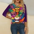 thumbnail image 6 of Yteetum Mardi Gras T Shirts for Women Oversized Crewneck Carnival Mask Print 3/4 Sleeve Top Womens Casual Round Neck Funny Mask Tuesday Carnival Party 3/4 Length Sleeve Tee Shirt Spring Summer Clothe, 6 of 6