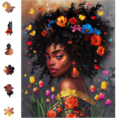 Beautiful African American Black Girl Wooden Puzzles for Adults, Afro Fashion Flora Girl Jigsaw Puzzles, Unique Shaped Flower Wood Puzzle 500Pieces, 18.1x14.5in, Birthday Gifts Family Game