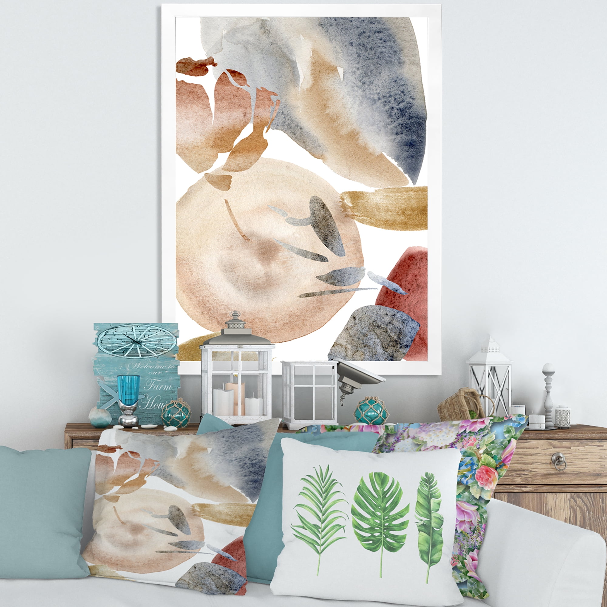 Designart 'Abstract With Red Pink Gold and Beige Spots Pastel' Modern Framed Art Print