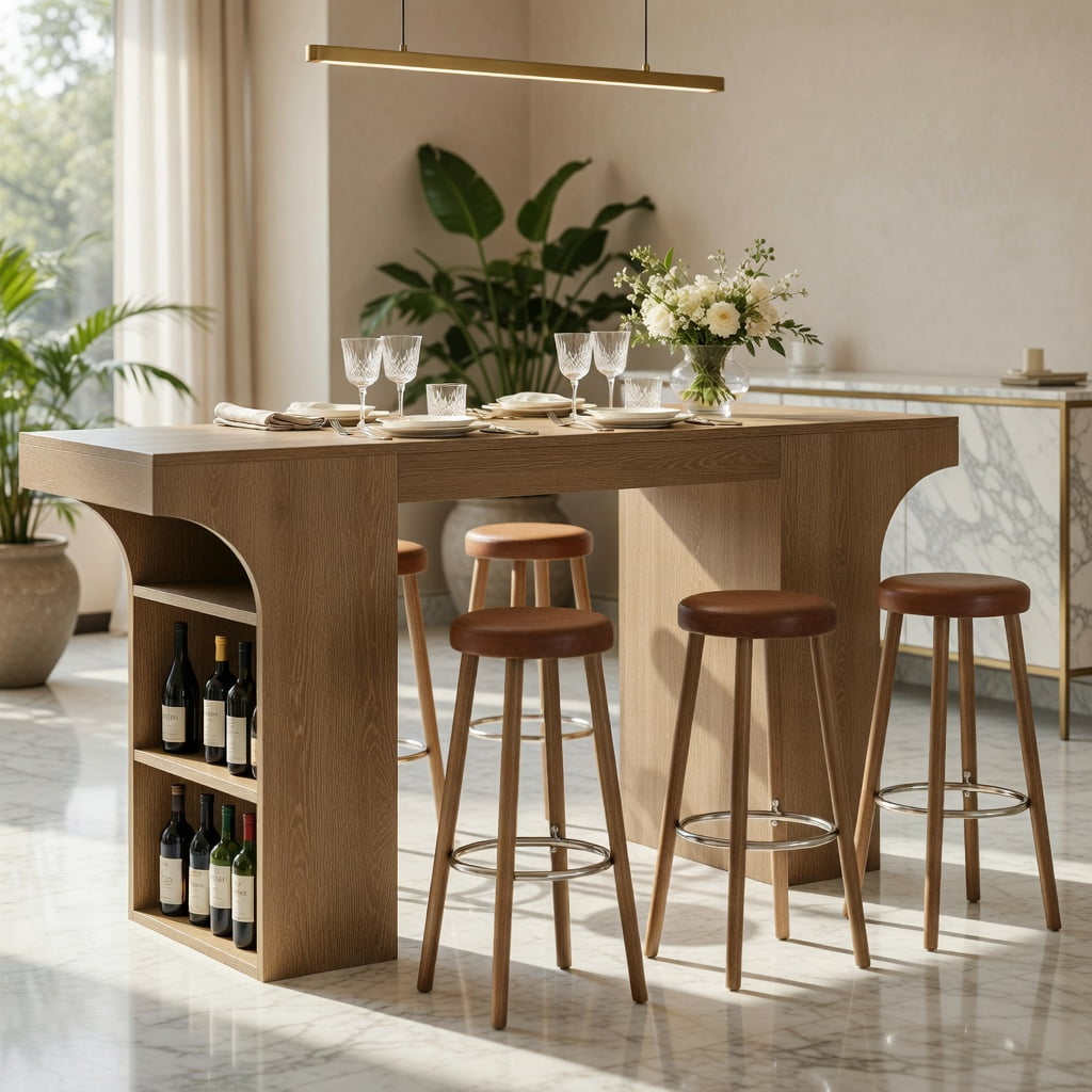 Hommoo 63 Inch Rectangular Counter Height Bar Table with Open Storage Shelves, Rustic Modern Farmhouse Pub Table for Home Bar, Dining & Cocktail Serving, Brown