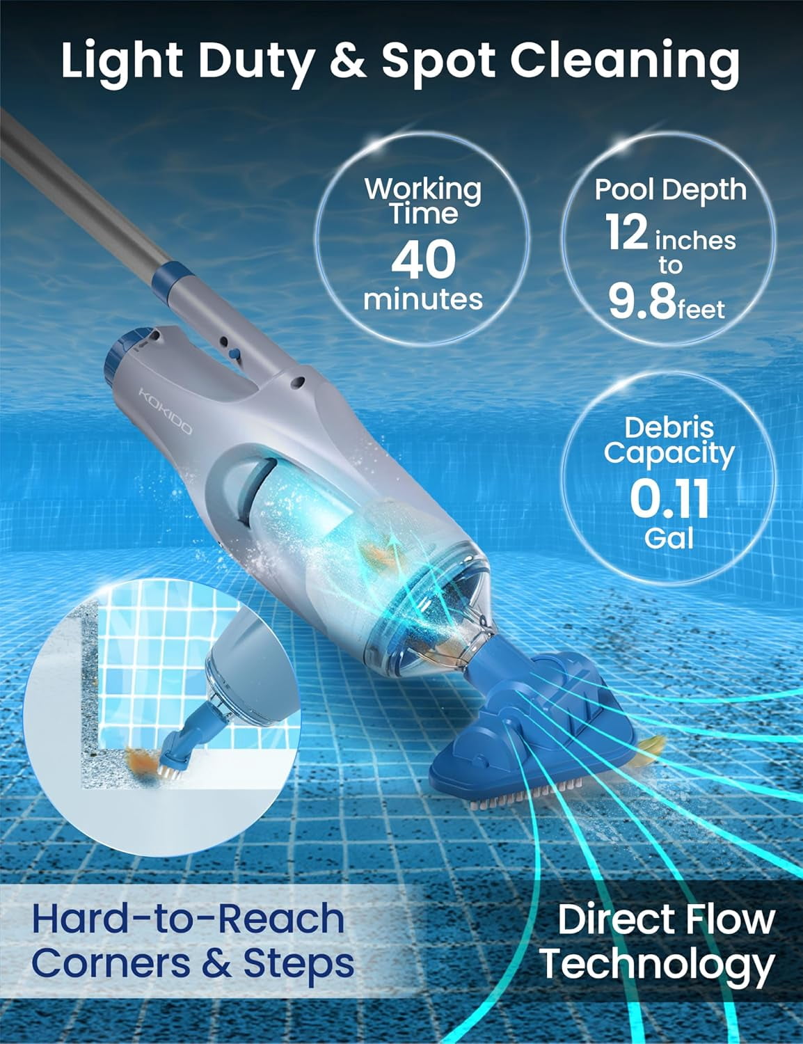Cordless Handheld Pool Vacuum for Above Ground Pool, with 6ft Pole and 2 Vac Brush Heads, Ideal for Spot Cleaning Small Inground Pool Spa up to 20ft, Rechargeable, 60min, Sand and Light Debris