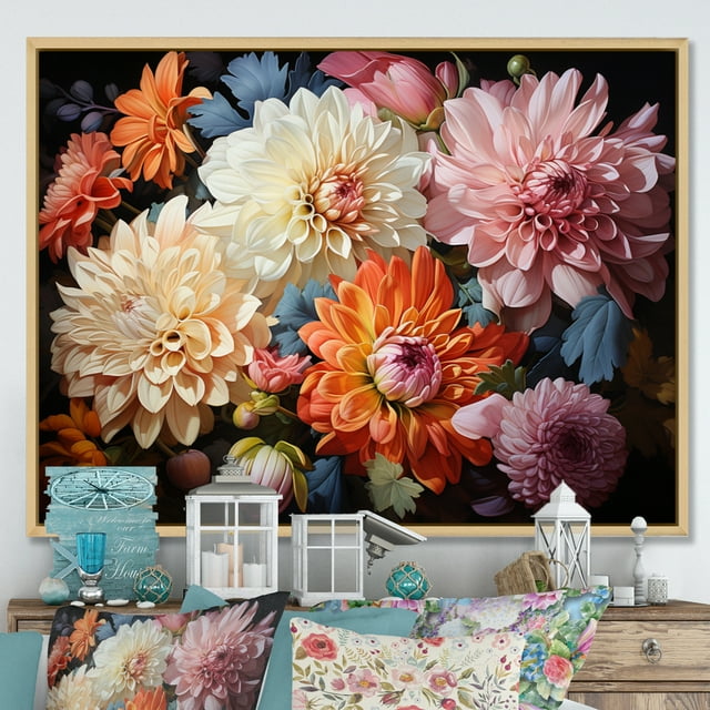 Designart Multi-Color Traditional Natural framed wall art, Mums framed wall Art, In Full Bloom Captivating Mums I , Mums framed wall art decor, 32x24 inches Natural brown color Frame