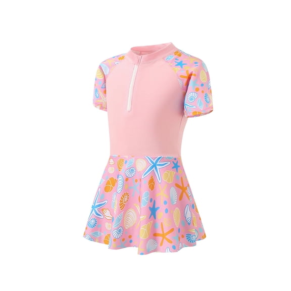 Gytharion Summer One-Piece Bathing Suits for Teen Girls Fashion Print Short Sleeve Zipper Skirted Swimsuit Kids Girls Cute Swimming Dresses, Sizes 5-13 Years