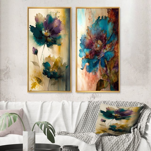 Designart "Retro Pansy Delicate Blossoming Flower II" Flowers Framed Wall Art Set Of 2 - Traditional Green Frame Gallery Set For Office Decor