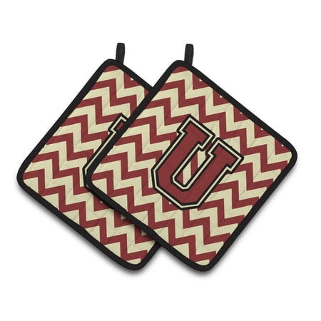 Letter U Chevron Maroon and Gold Pair of Pot Holders