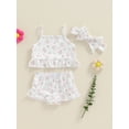 thumbnail image 3 of Suealasg 3Pcs Baby Girl Summer Outfits Long Sleeve Floral Print Spaghetti Strap Ruffle Tops+ Elastic Waist Shorts + Headband Set 3 6 9 12 18 Months Infant Girls Clothes, 3 of 8