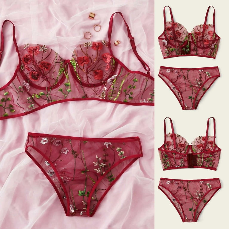  Women Red Floral Embroidery Sexy Bra and Panty 2 Piece