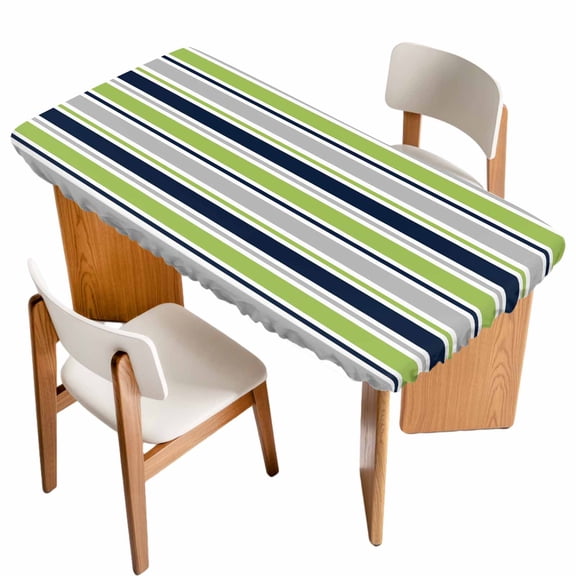 Green Gray Striped Table Cloths for 5 Foot Rectangle Tables, Farmhouse Stripes Modern Abstract Art Patio Waterproof Elastic Fitted Tablecloths, Washable Rectangular Table Cover for Camping