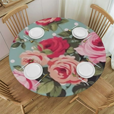 

Pink Flowers Romantic Rose Peony Elastic Fitted Edged Round Tablecloth Resistant Anti-Shrink Table Cloth
