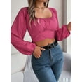 thumbnail image 5 of Women'S Ruched Wrap Square Neck Flounce Long Sleeve Self Tie Crop Top Blouse Rose Red M, 5 of 8
