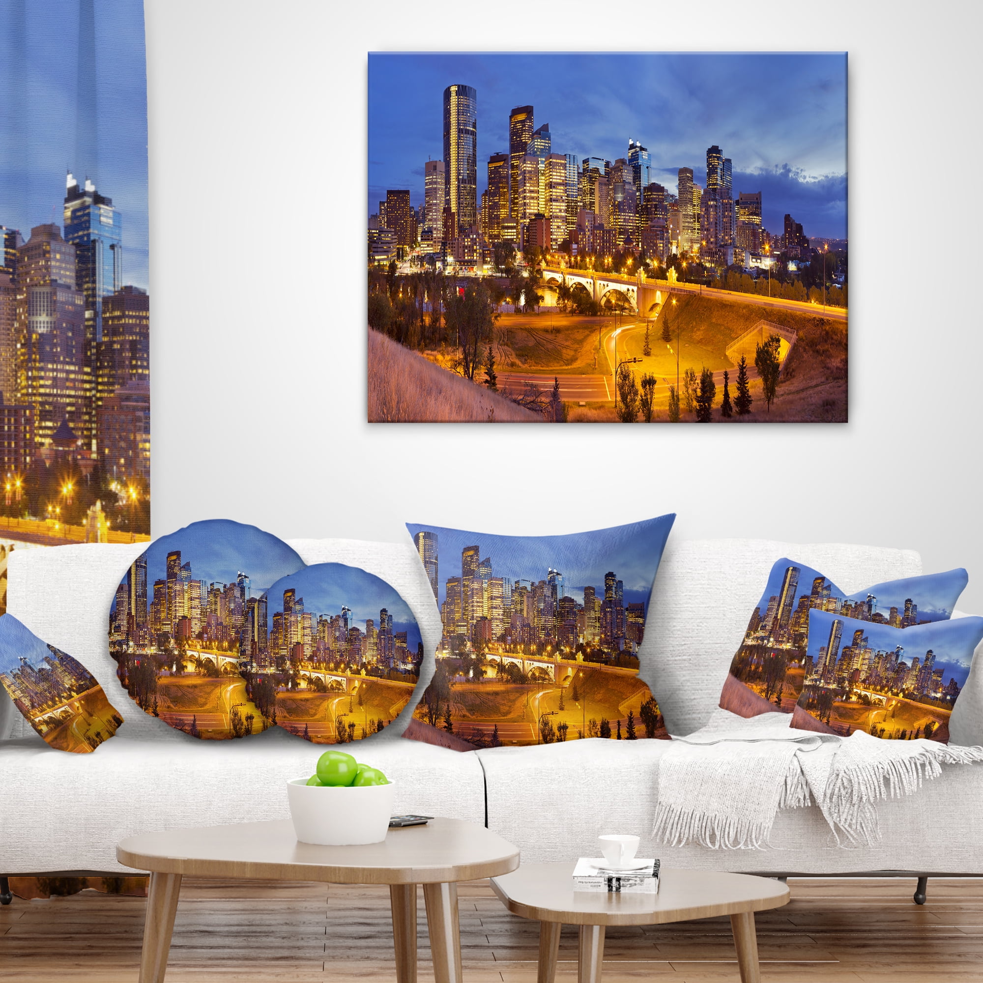 Designart Skyline of Calgary at Night Panorama - Modern Cityscape Throw Pillow - 16x16