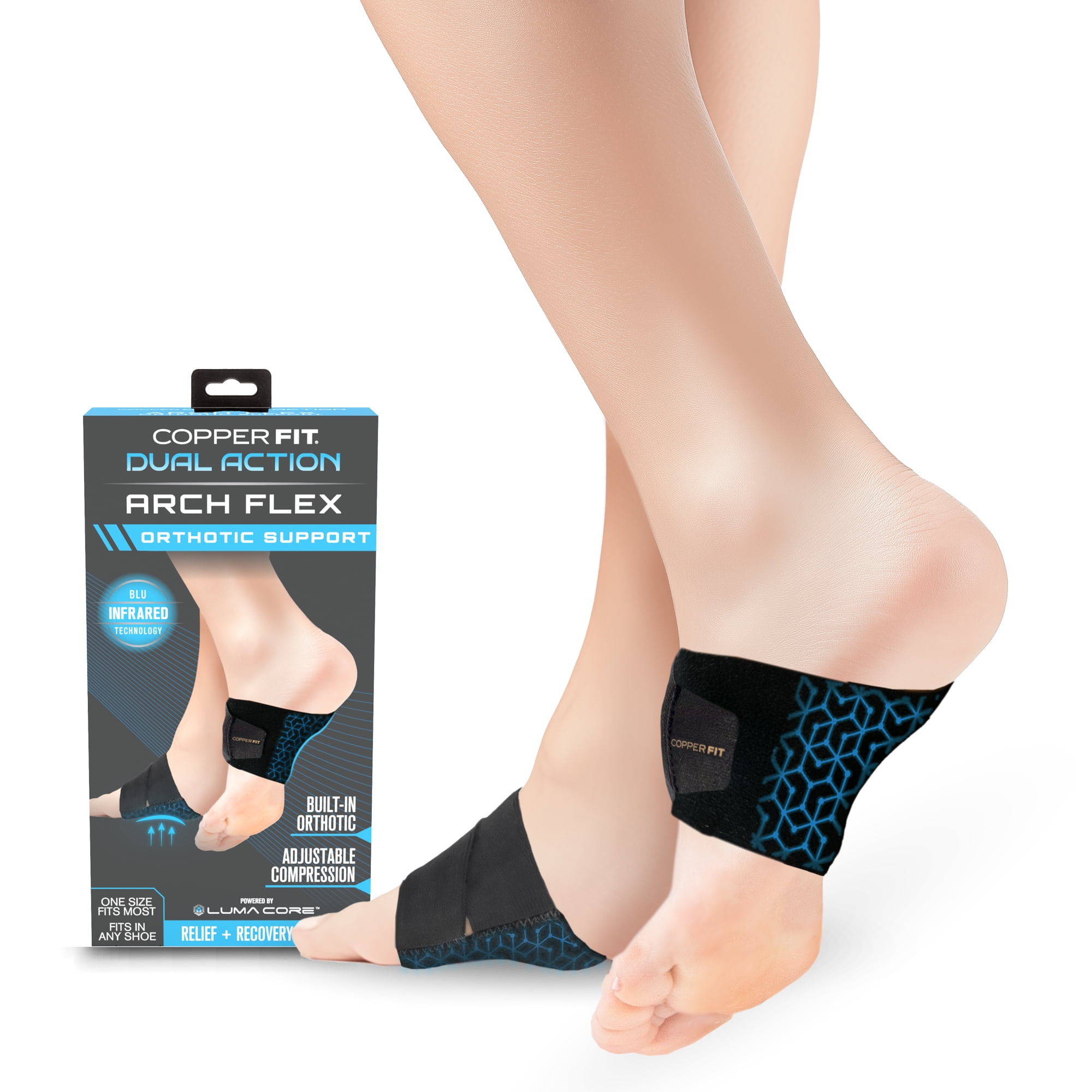 Copper Fit Dual Action Arch with Lumacore Blu-Infrared Fabric, Built-In Orthotic Support, Adjustable Compression, Breathable, Unisex, One Size Fits Most