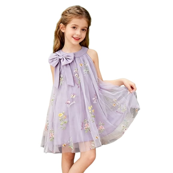 Tfken Comfy Dresses For Girls Soft Travel Holiday Girls Sleeveless Tulle Dresses Elegant Solid Color Embroidery Party Children Cute Clothes Size 4-5 Years