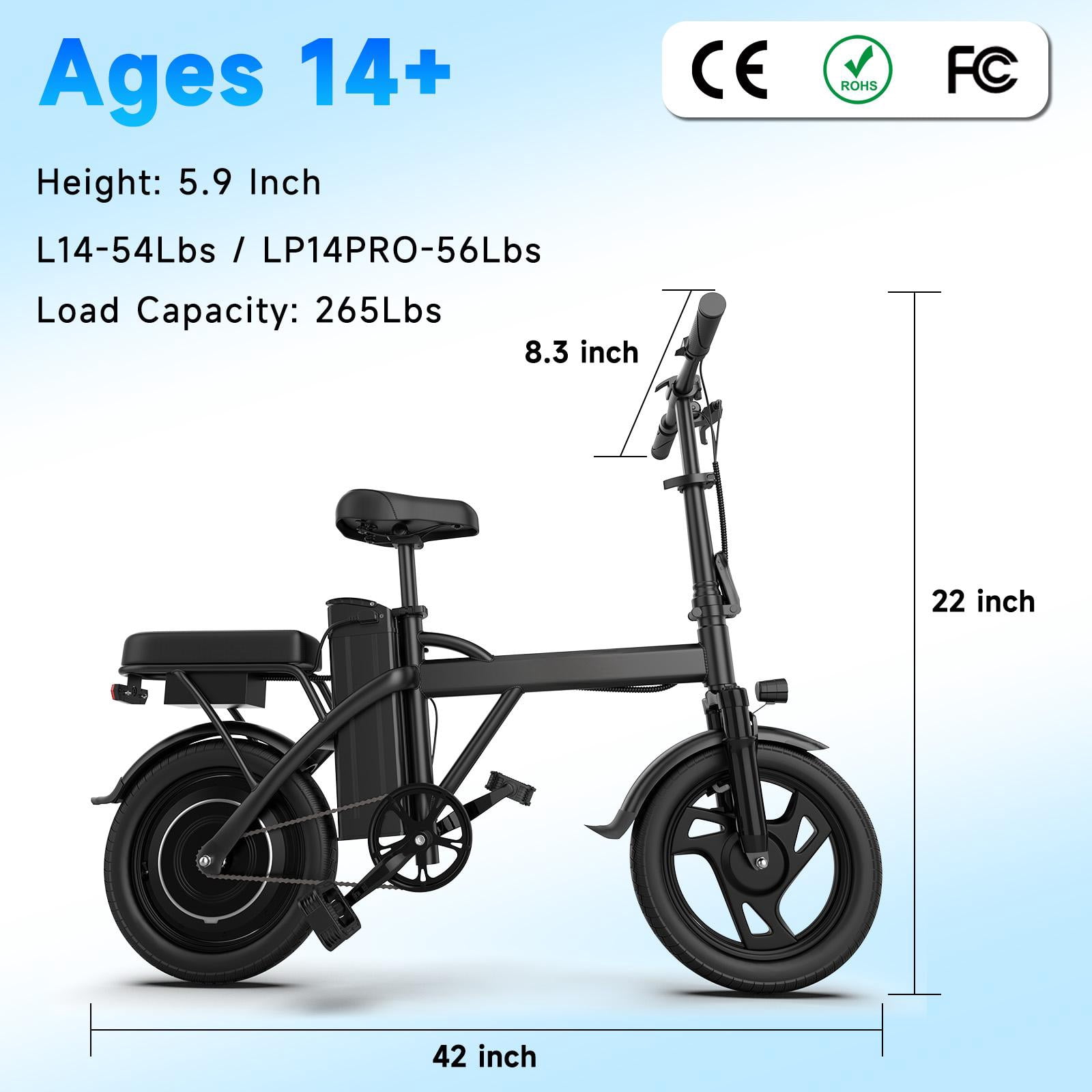 Electric Bike Black 500W 48V, 14' Mini Ebike for City Commuter, 20MPH Class 2 Folding Electric Bicycle for Adult with Two Seats UL2849