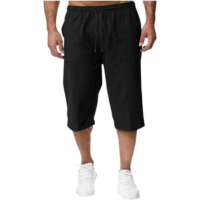 Aqestyerly Men's Quarter Pants Linen Drawstring Solid Color Pocket Casual Loose Lightweight Summer Bottoms