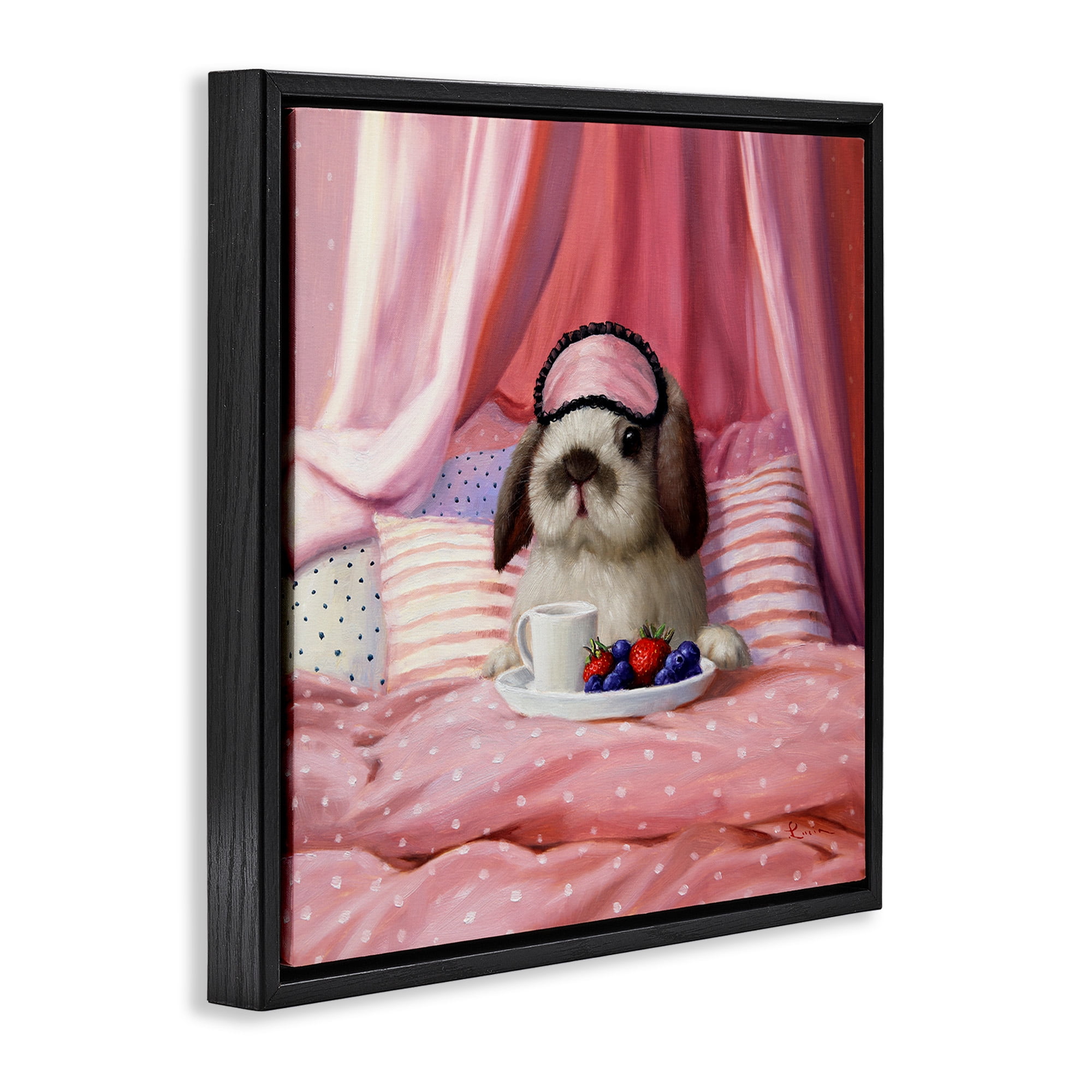 Stupell Industries Bunny with Breakfast In Bed Animals & Insects Painting Black Floater Framed Canvas Art Print Wall Art, 18 x 18