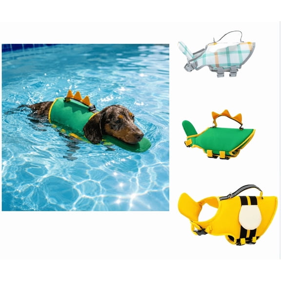 Dino Dog Life Jacket, Adjustable Dog Life Preserver, Ripstop High Buoyancy Dog Vest with Reflective Stripes & Rescue Handle