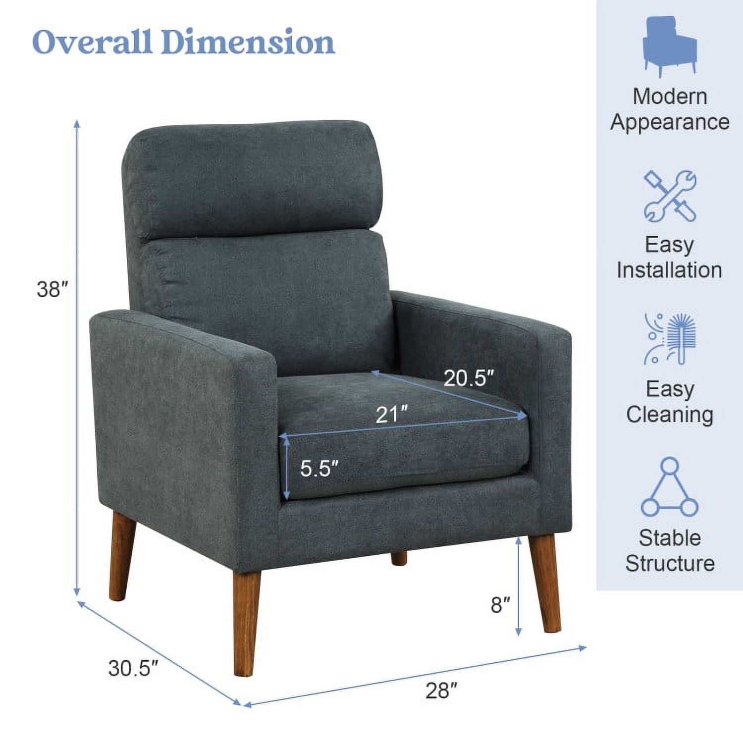 Finihen Upholstered Accent Armchair, Lint Fabric Modern Accent Chair with Solid Wood Legs, for Living Room, Bedroom, Gray