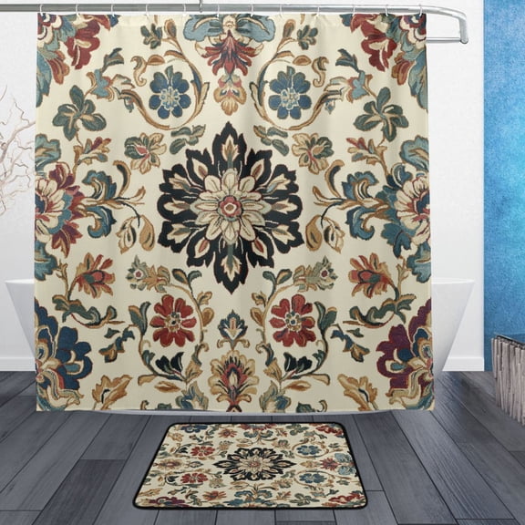 BZSMCE Shower Curtain and Bath Accessory Set,Ornate Floral Elegance Pattern