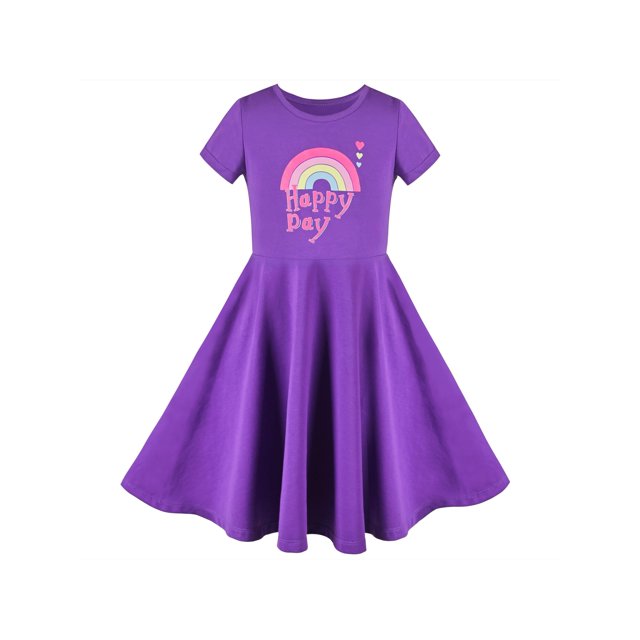 Robe Fille Violette Rainbow Cœur Happy Day Coton Manches Courtes Décontractée 12 Ans