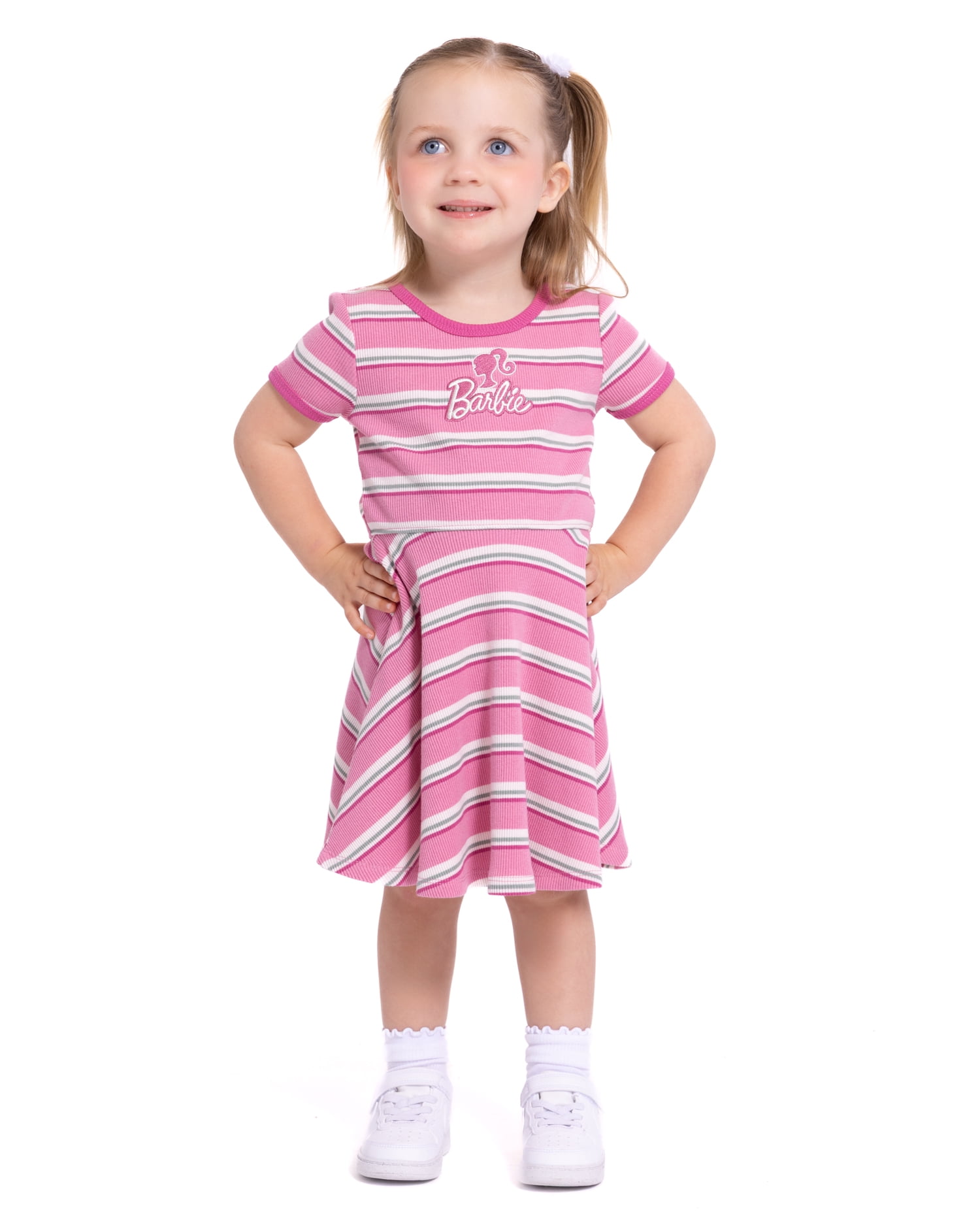 Barbie Toddler Girls Graphic Striped Skater Dress with Short Sleeves, Sizes 12M-5T