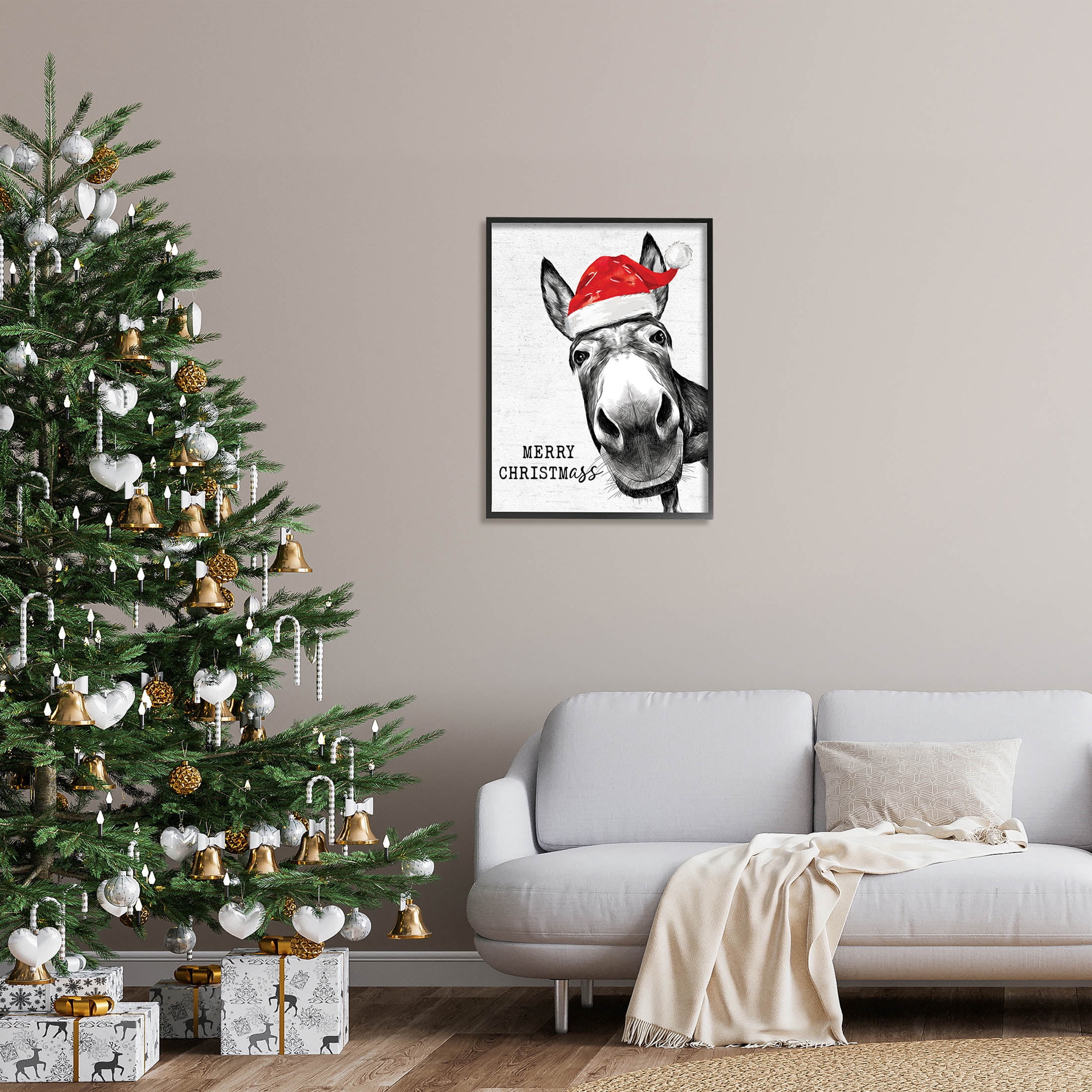 Stupell Industries Merry Christmass Funny Donkey Graphic Art Black Framed Art Print Wall Art, Design by Lettered and Lined