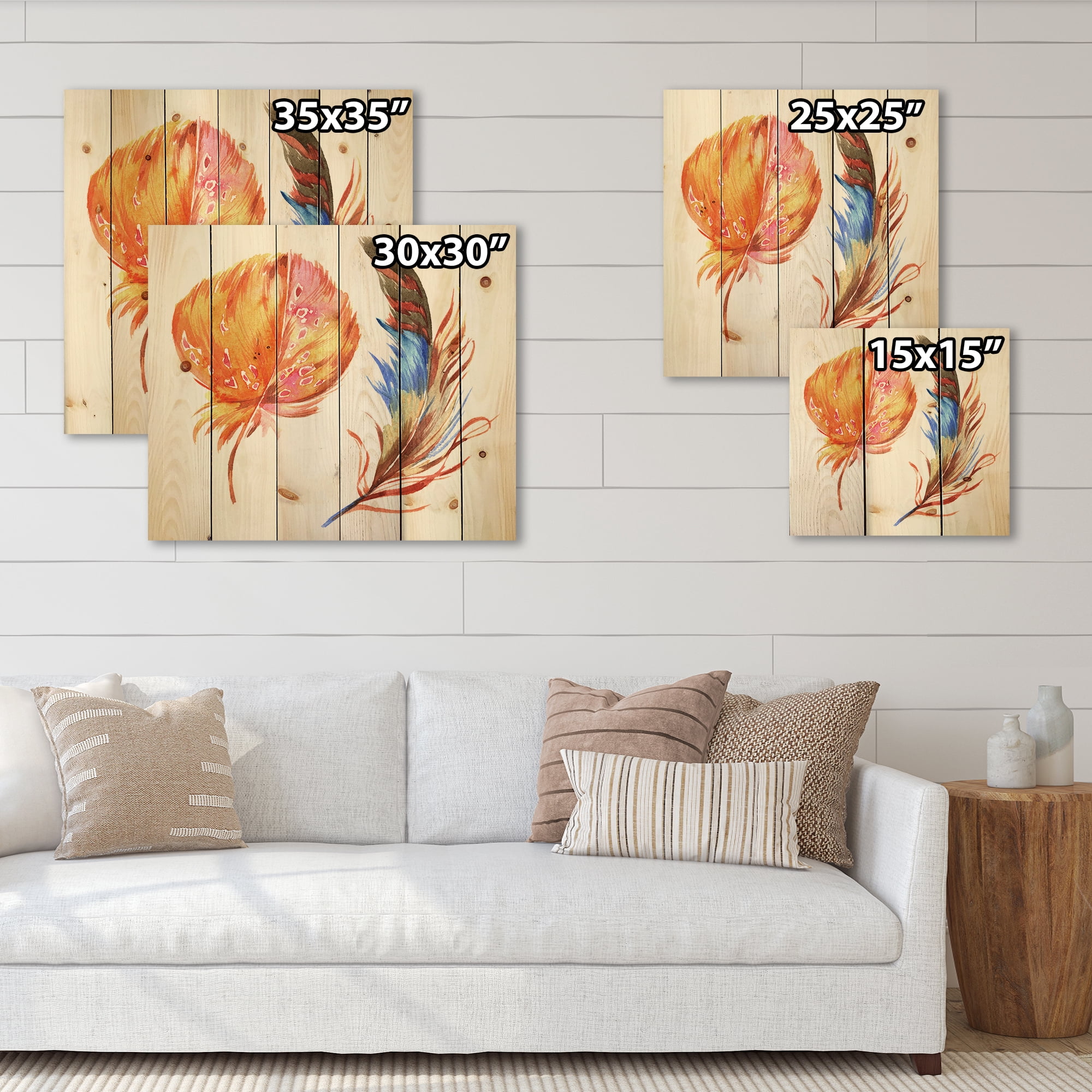 Designart 'Ethnic Brown and Colorful Feather ' Bohemian & Eclectic Print on Natural Pine Wood