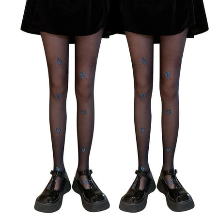 

NECHOLOGY Control Top Opaque Tights for Women Stocking Tights Women 2PC Blue-Butterfly Hollow Bottoming Skin Tone Tights Socks Black One Size