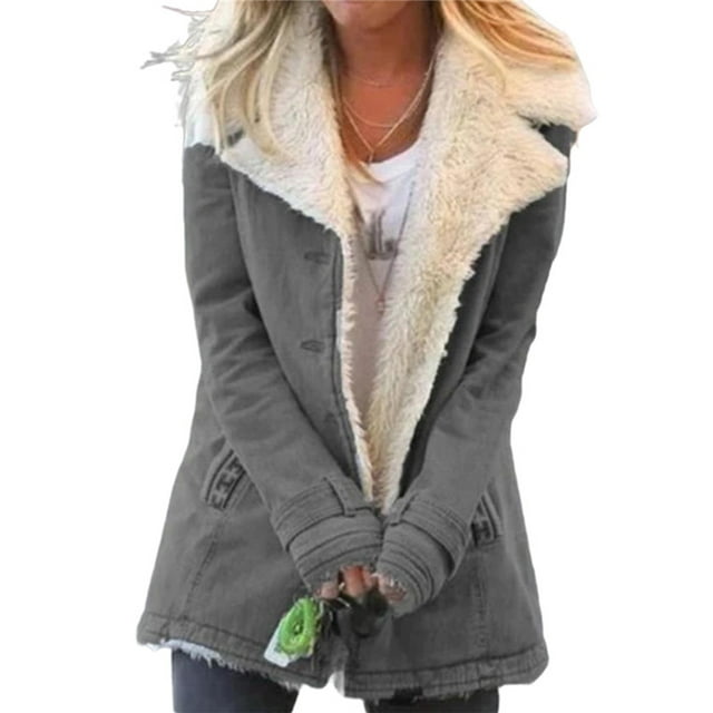 Innerwin Jacket Long Sleeve Ladies Coat Winter Warm Solid Color Thicken Plush Overcoats Grey 5XL