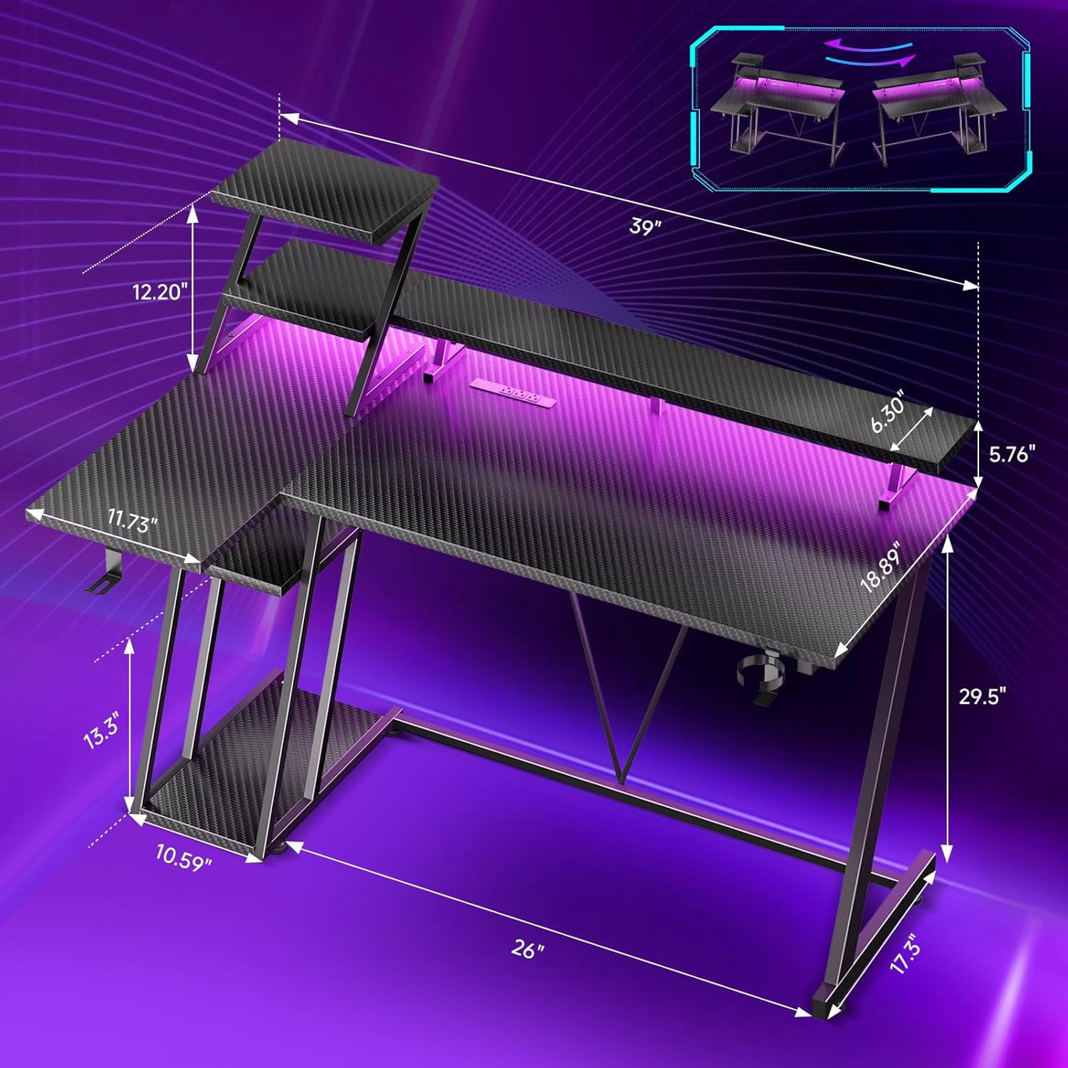 40 Inch Gaming Desk with LED Lights & Power Outlet, L Shaped Computer Gaming Table with Storage Shelves, Reversible Corner Desk with Monitor Stand for Home Office, Carbon Fiber Black
