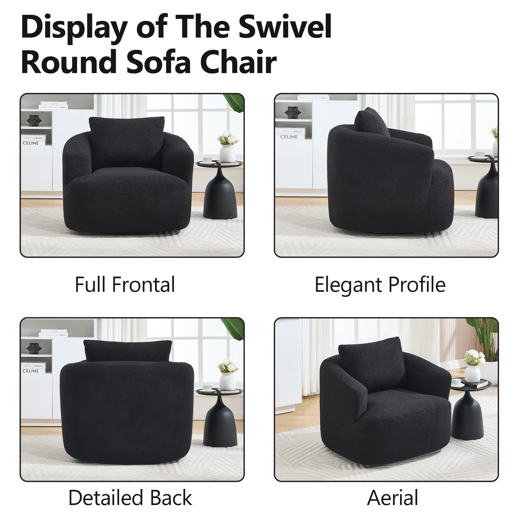 Swivel Accent Chair,360° Round Upholstered Armchair with One Soft Pillow,Teddy Fleece High-Resilience Sponge Single Sofa for Living Room, Bedroom, Apartment,No Assembly,Black