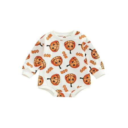 

Canis Cute Halloween Romper for Babies Pumpkin Face Print Long Sleeves