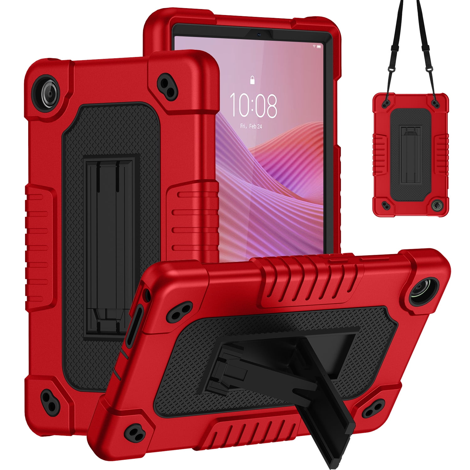 Kebiory Case for Lenovo Tab One 8.7 inch Tablet,Heavy Duty Hybrid Shockproof Protective Case Built in Kickstand Shoulder Strap Cover for Lenovo Tab One 8.7 inch/K9 TB305FU (2025) Tablet(Red/Black)