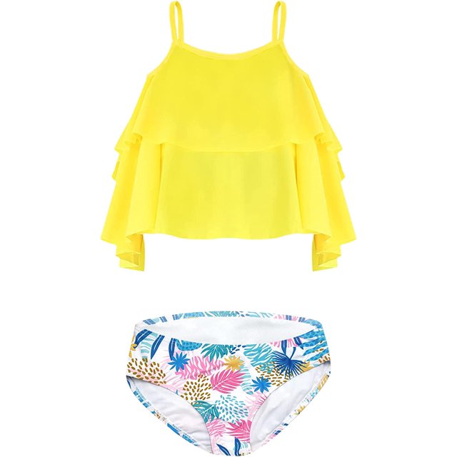 Traje de baño para niñas con Volantes Trajes de baño de Dos Piezas Trajes de baño con Estampado Floral Amarilla 12-14 Años Amarilla 12-14 Años Xishao ropa