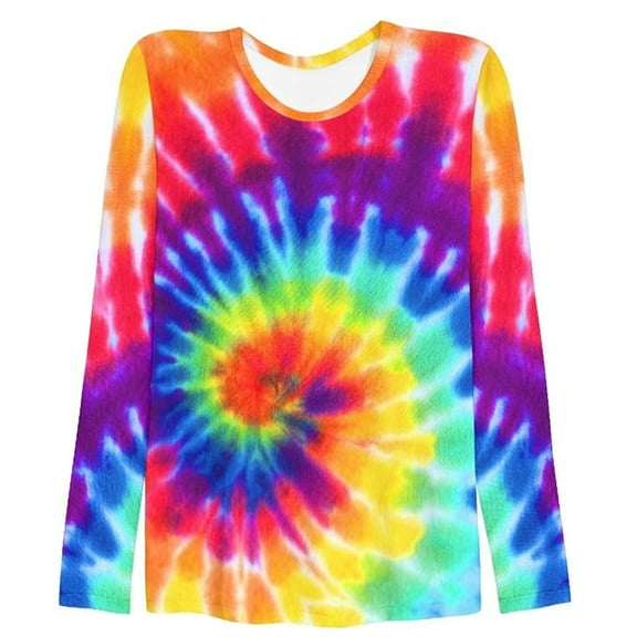 VNKIDY Women's T-Shirt Rainbow Tie-Dye Long Sleeve Tees Print Crewneck Loose Fit Stretch Top For Casual Daily Festival Wear Versatile Top