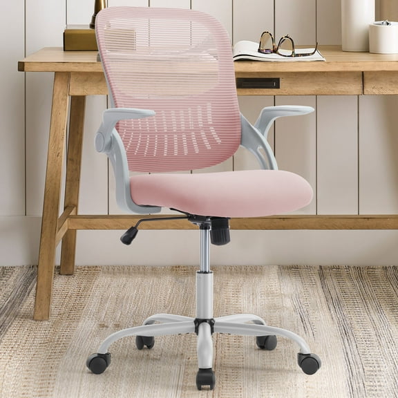 EDX Office Chair, Ergonomic Home Mesh Office Desk Chairs, with Adjustable Armrests, Wheels and Mid-Back Task Chair with Lumbar Support, Pink