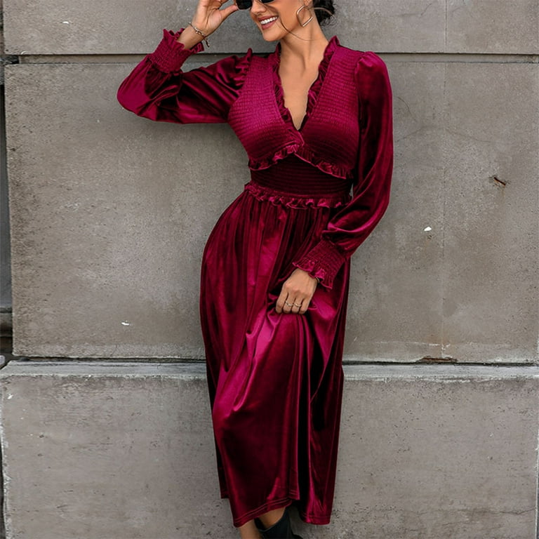 red long sleeve flowy dress Mide Maxi Dress with Long Flowy Sleeves in Deep Pink 2XL / Deep Pink