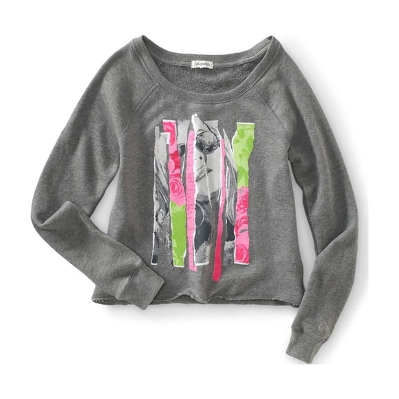 Aeropostale Womens Floral Woman Puff Paint Knit Sweater, Gris, Small