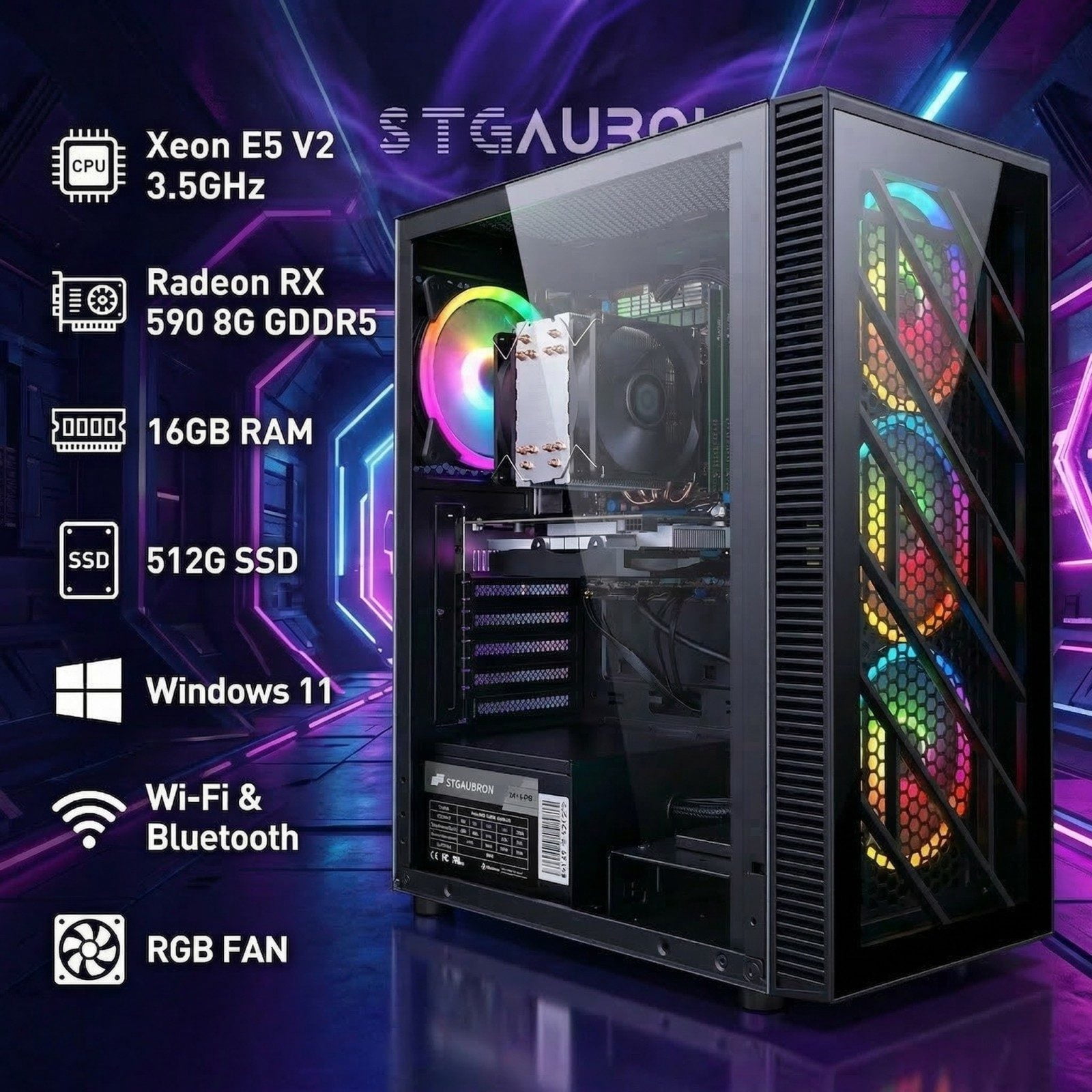 STGAubron Gaming Desktop PC, Xeon E5 V3 2.4G, 16G RAM, 512G SSD, RX 590 8G, 600M WiFi, BT 5.0, RGB Fan x4, Win 11 Home