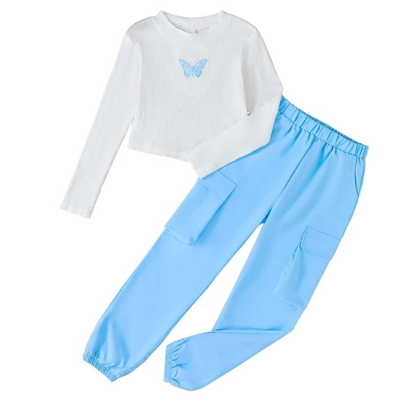 Kucnuzki 15 Years Big Girls Outfit Sets 16 Years Girl Winter Clothes Long Sleeves Knitted Top Butterfly Crop Tops Solid Color Cargo Pants Set 2pcs Youth Teen Clothing Blue