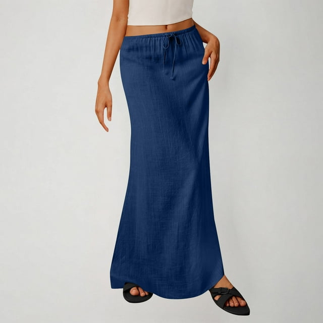 Miqool Ladies Fashion Women Solid Color Elastic Waist Drawstring Long Skirt